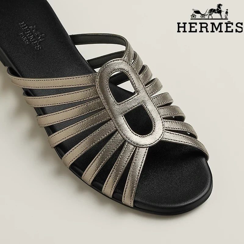 Herm¨¨s Metallic Bronze Leather Flat Slide Sandals