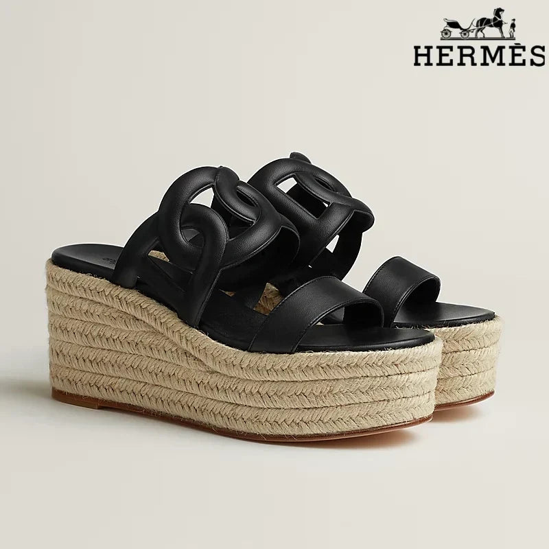 Herm¨¨s Black Leather Wedge Espadrille Sandal
