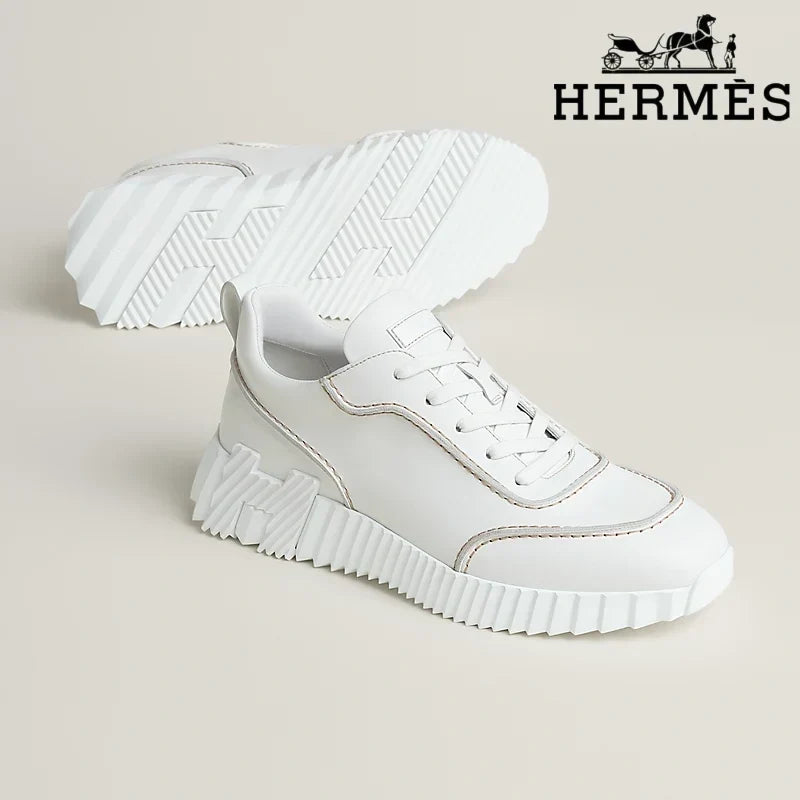Herm¨¨s womens shoes men sneaker White Leather Ridged Sole Sneakers