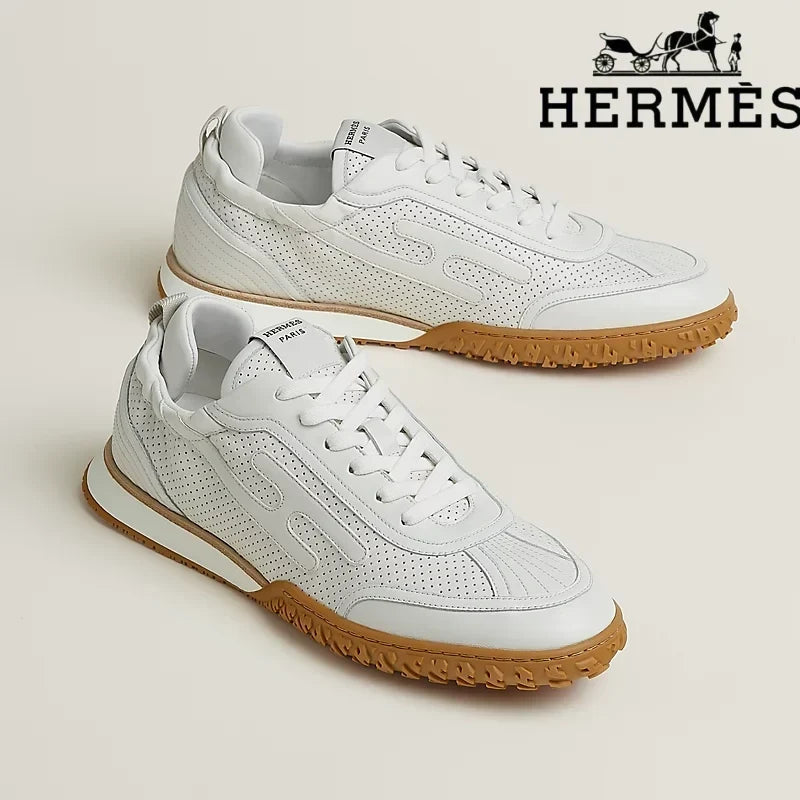 Herm¨¨s womens shoes men sneaker White Perforated Leather Sneaker