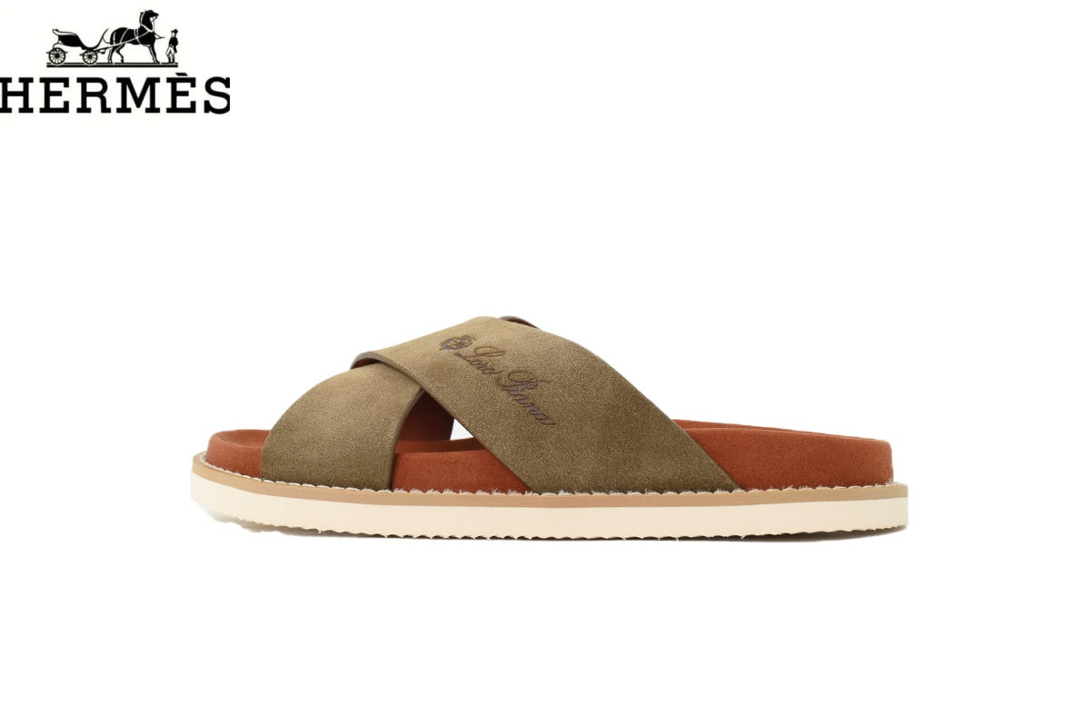 Herm¨¨s Olive Green Suede Cross-Strap Slide Sandal