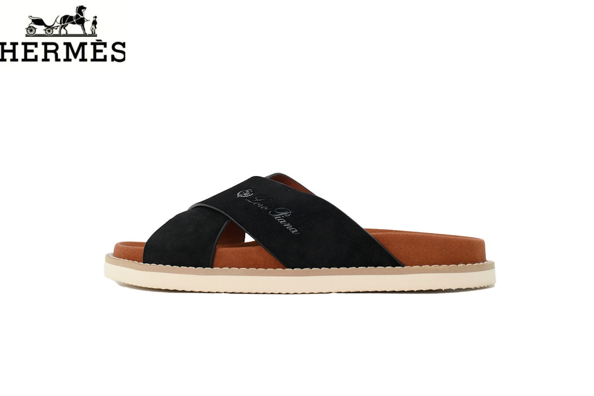 hermes womens shoes men sneaker Loro Piana Black Suede Cross-Strap Slide Sandal