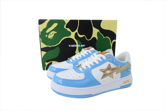 A BATHING APE BAPE STA Glossy Sky Blue & White Gold Eye-Graphic Sneakers | Women's & Men's Skate-Inspired Shoes