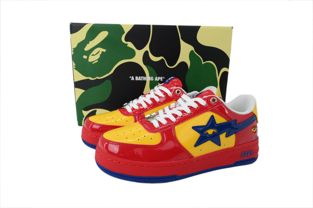 A BATHING APE BAPE STA Glossy Red, Yellow & Blue Eye-Graphic Sneakers | Women's & Men's Skate-Inspired Shoes