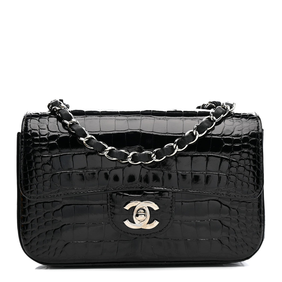 Shiny Alligator Mini Rectangular Flap Black