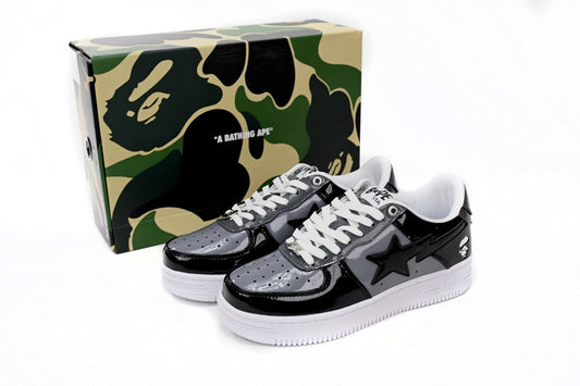 A BATHING APE BAPE STA Glossy Black & Grey Sneakers | Women's & Men's Skate-Inspired Shoes