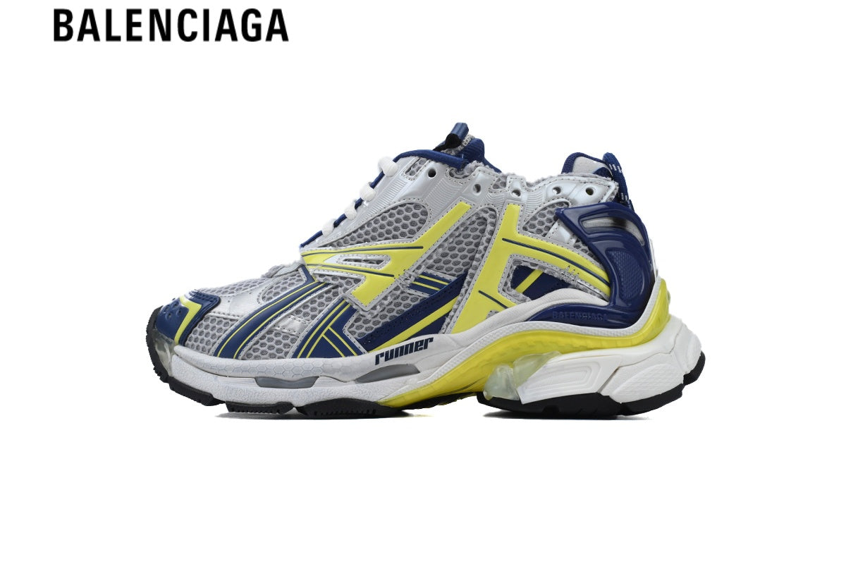 Balenciaga Runner men's shoes  women sneakers ¡ª Silver Mesh, Yellow & Navy Synthetic Overlays