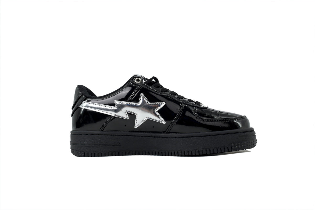 A BATHING APE BAPE STA Glossy Black & Silver-Star Sneakers | Women's & Men's Skate-Inspired Shoes