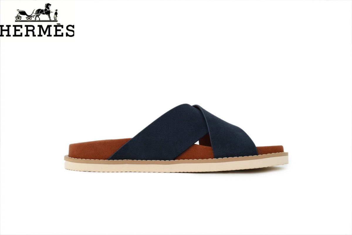 hermes womens shoes men sneaker Loro Piana Navy Blue Suede Cross-Strap Slide Sandal