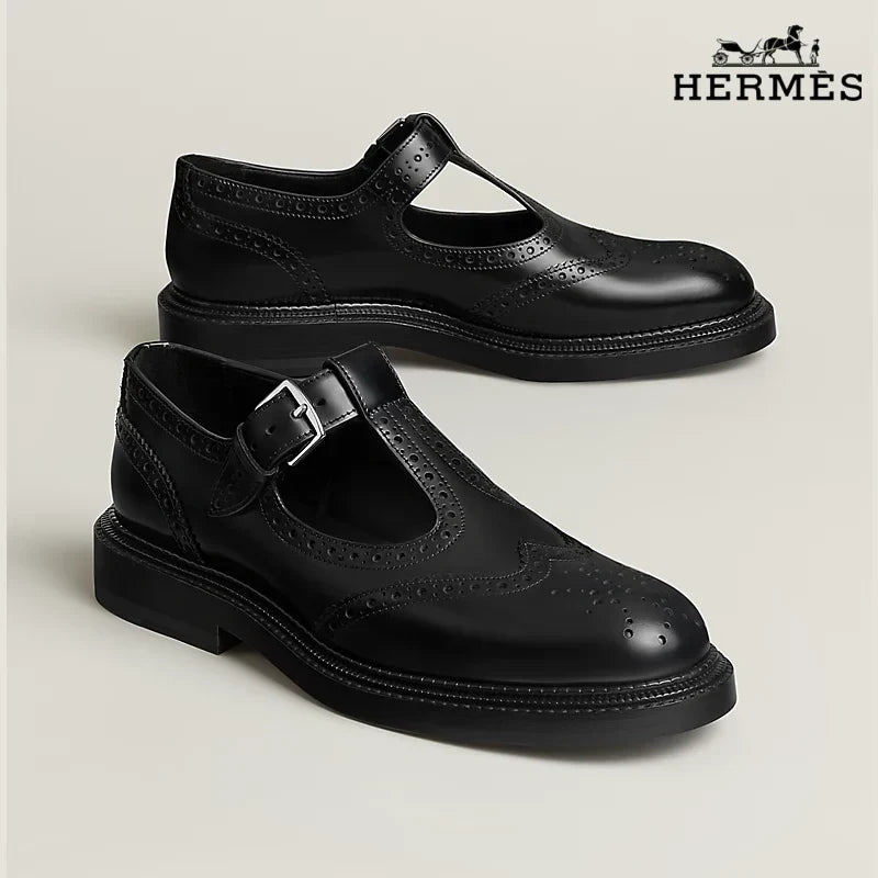 Herm¨¨s Black Leather T-Strap Brogue with Buckle