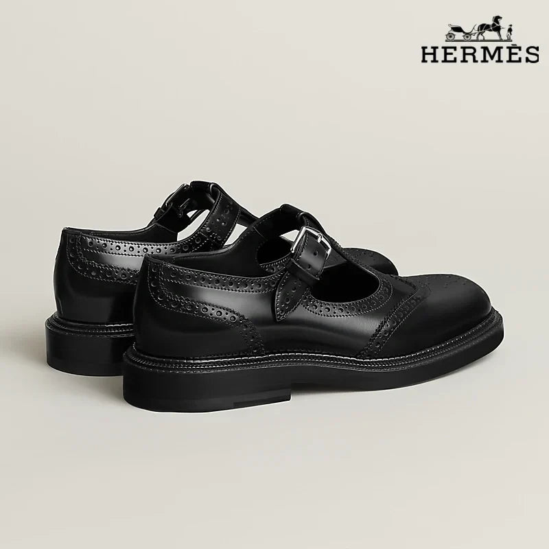 Herm¨¨s Black Leather T-Strap Brogue with Buckle