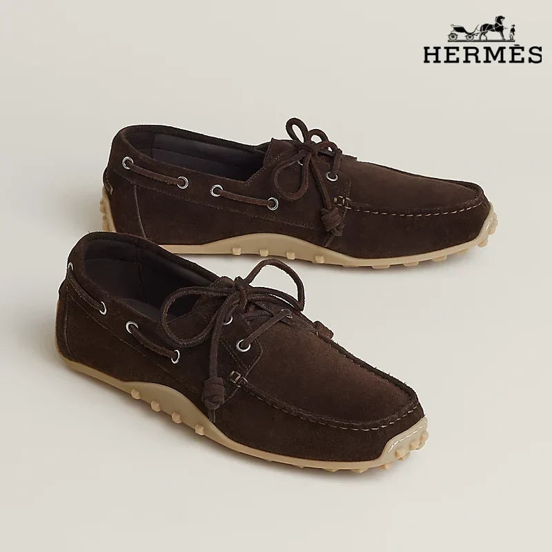 Herm¨¨s Dark Brown Suede Lace-Up Driving Shoe with Gum Sole