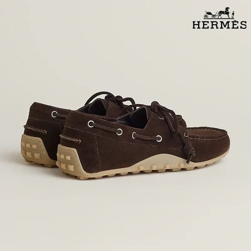 Herm¨¨s Dark Brown Suede Lace-Up Driving Shoe with Gum Sole