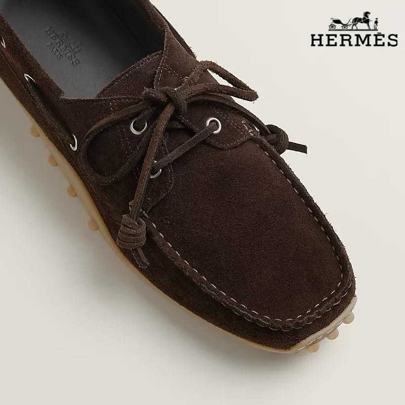 Herm¨¨s Dark Brown Suede Lace-Up Driving Shoe with Gum Sole