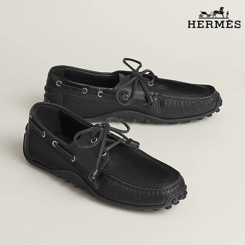 Herm¨¨s Black Grained Leather Lace-Up Driving Shoe with Studded Sole