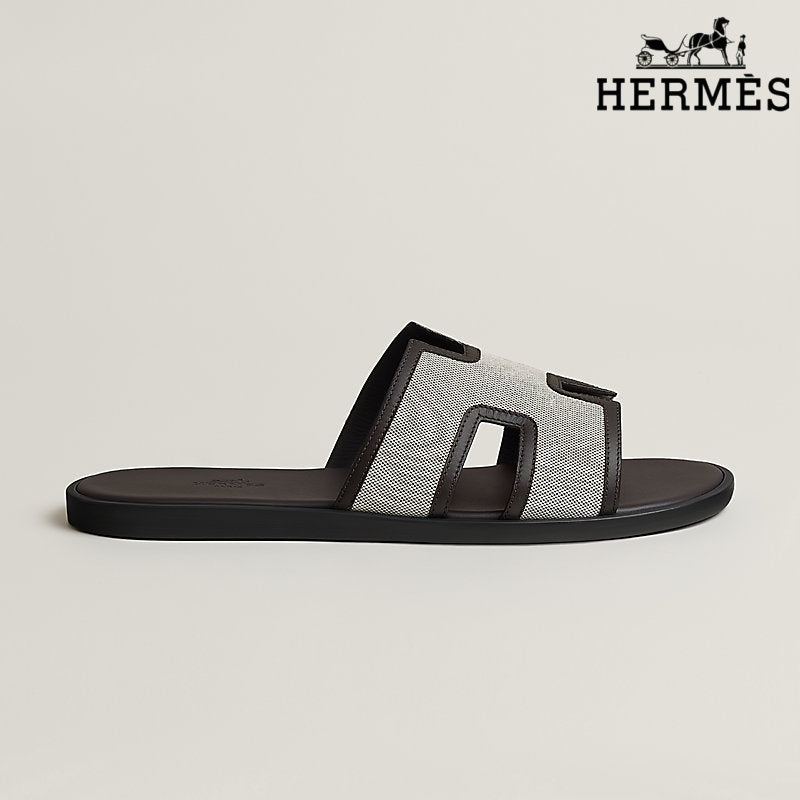 Herm¨¨s Izmir Beige Canvas Slide Sandals with Leather Trim
