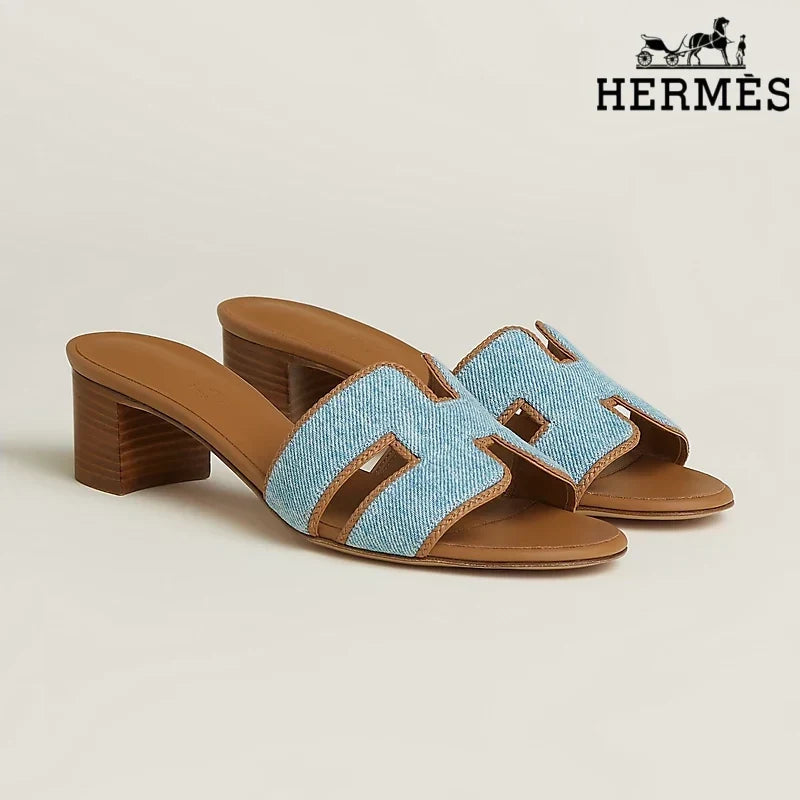 Herm¨¨s Light Blue Denim Heeled Slide Sandals with H Cutout