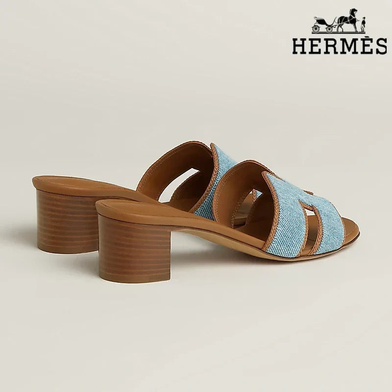 Herm¨¨s Light Blue Denim Heeled Slide Sandals with H Cutout