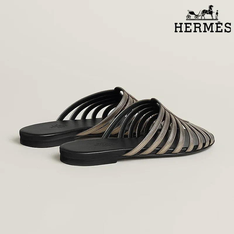 Herm¨¨s Metallic Bronze Leather Cage Slide Sandals