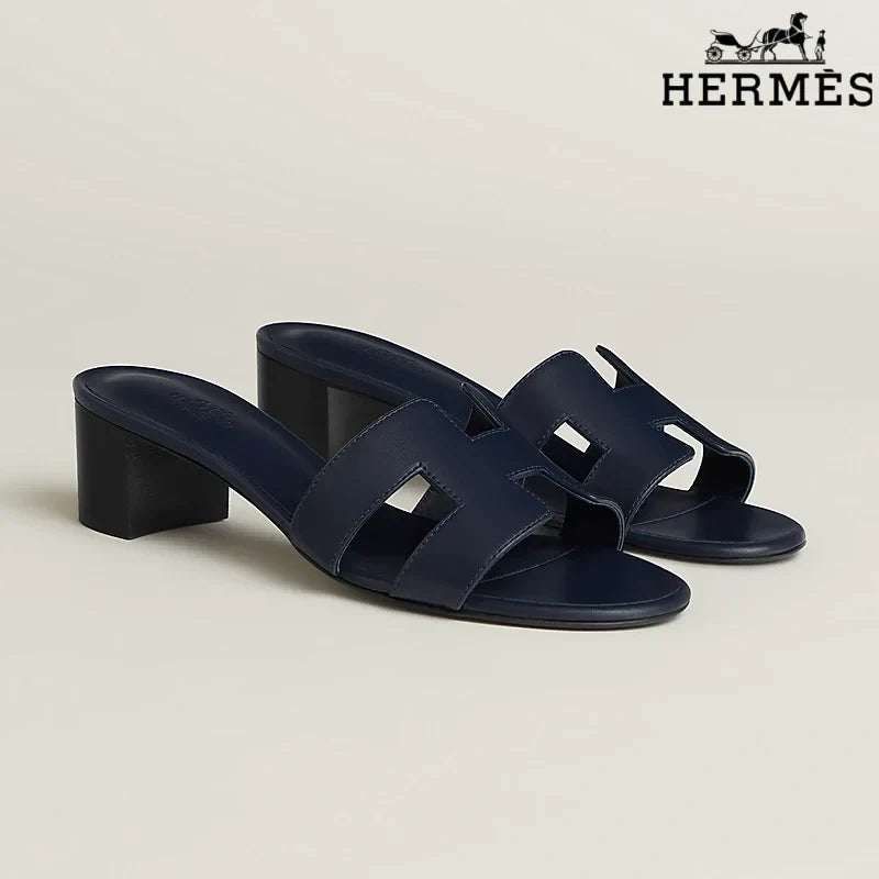 Herm¨¨s Dark Navy Leather Heeled Slide Sandals