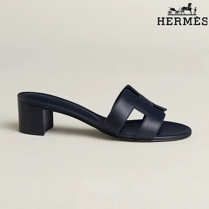 Herm¨¨s Dark Navy Leather Heeled Slide Sandals