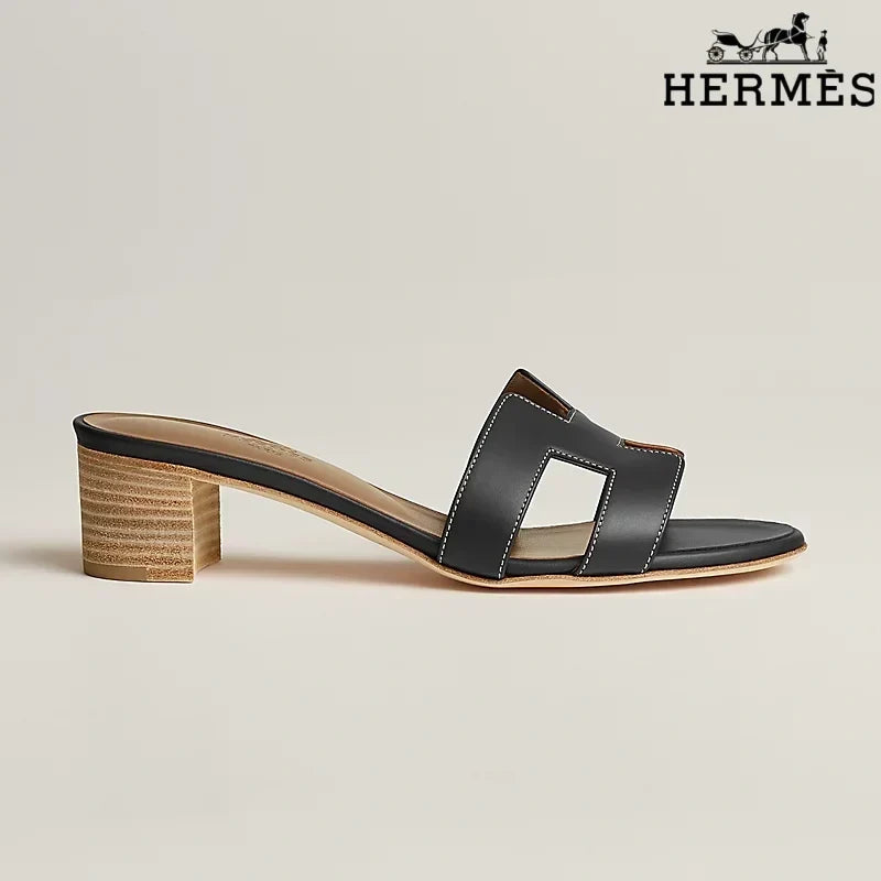 Herm¨¨s Black Leather Heeled Slide Sandals