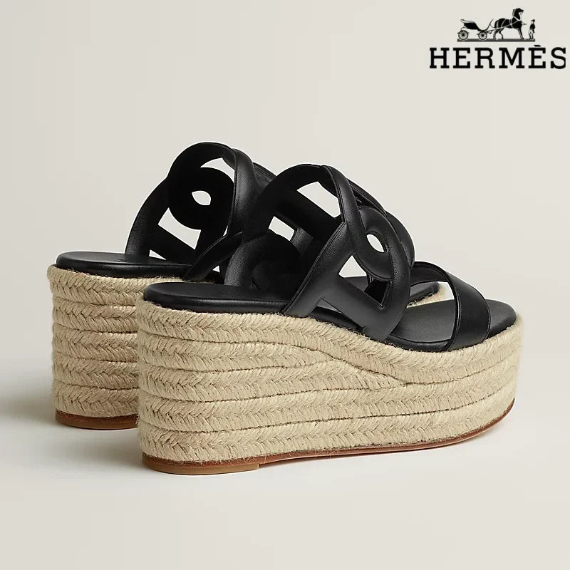 Herm¨¨s Black Leather Wedge Espadrille Sandal