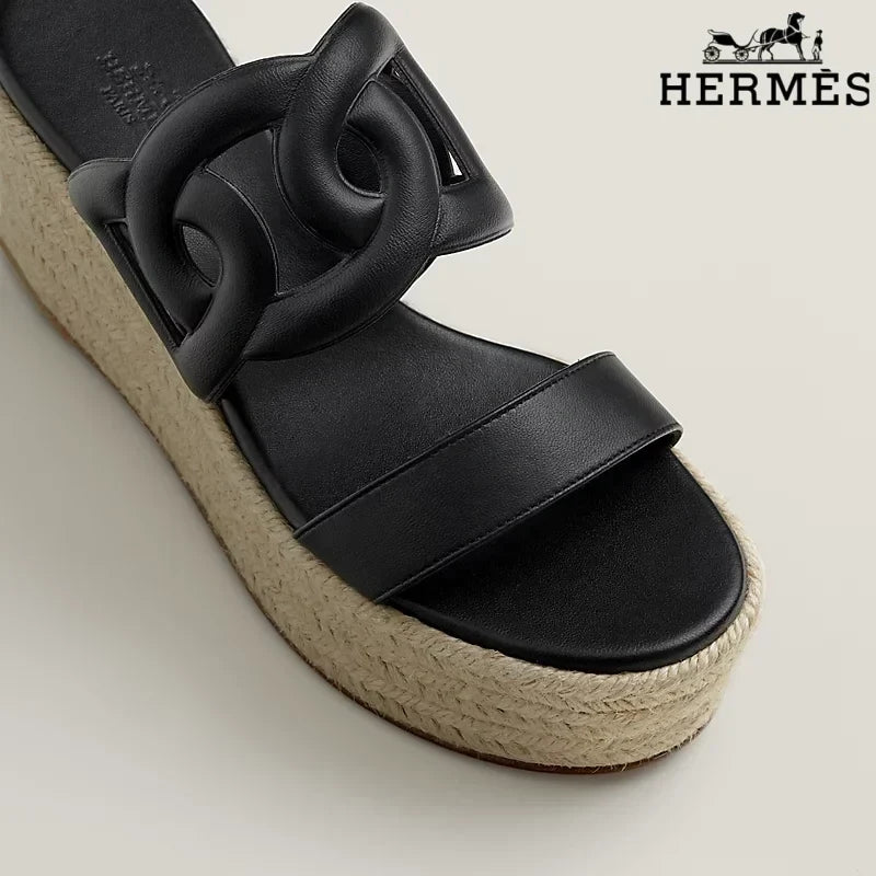 Herm¨¨s Black Leather Wedge Espadrille Sandal
