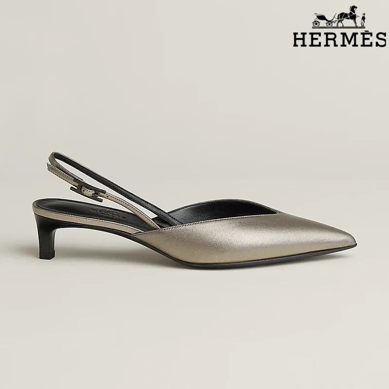 Herm¨¨s Pewter Metallic Leather Slingback Kitten Heels