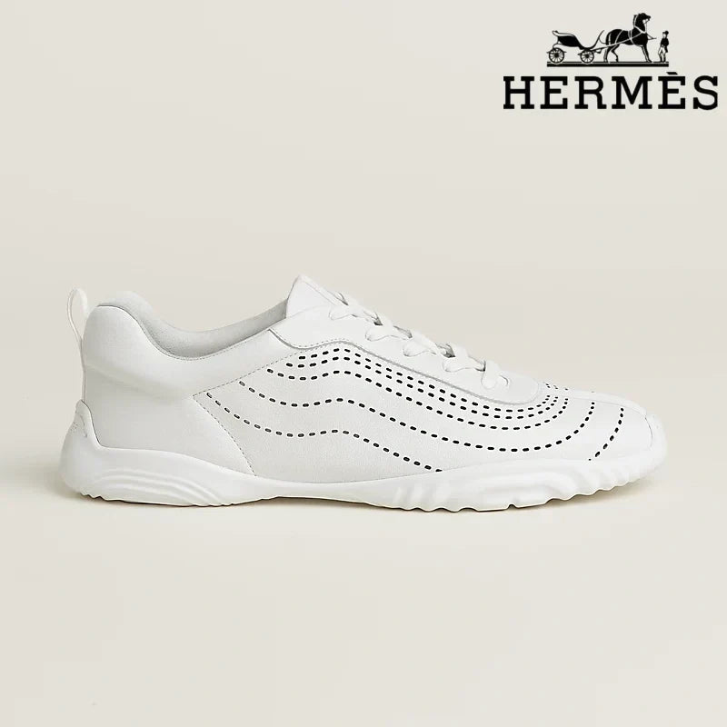Herm¨¨s womens shoes men sneaker White Perforated Leather Sneakers