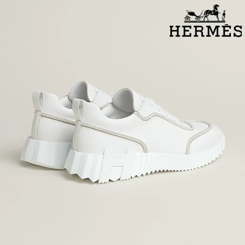 Herm¨¨s womens shoes men sneaker  White Leather Ridged Sole Sneakers