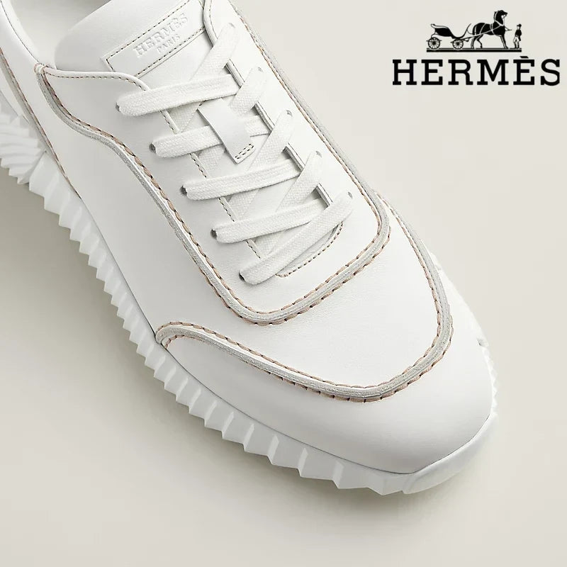 Herm¨¨s womens shoes men sneaker  White Leather Ridged Sole Sneakers