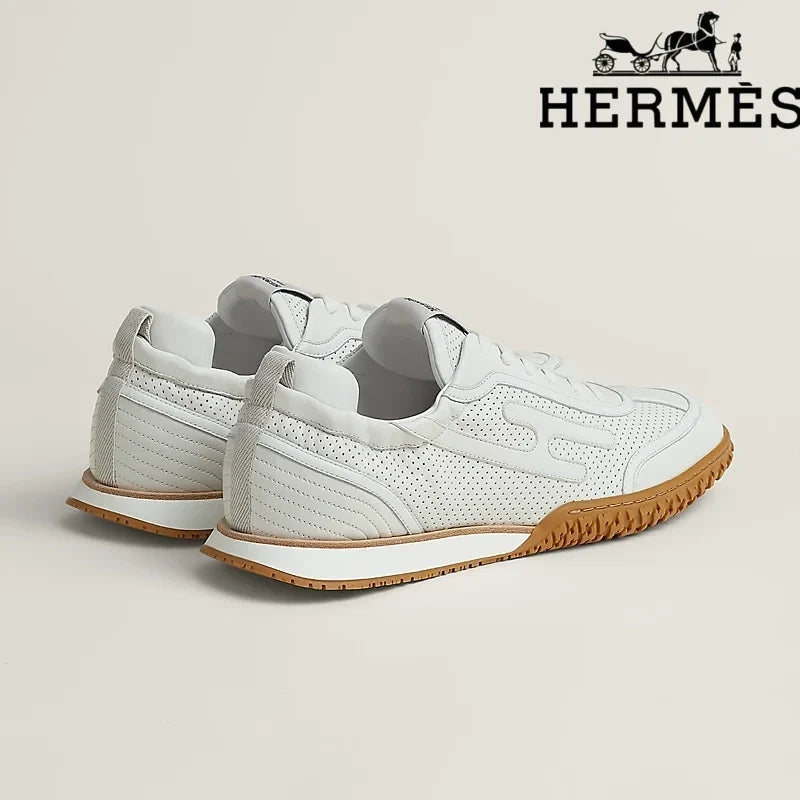 Herm¨¨s womens shoes men sneaker White Perforated Leather Sneaker
