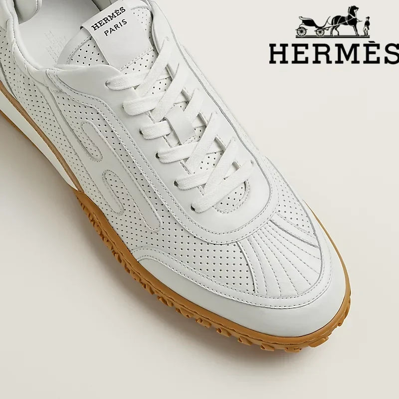 Herm¨¨s womens shoes men sneaker White Perforated Leather Sneaker