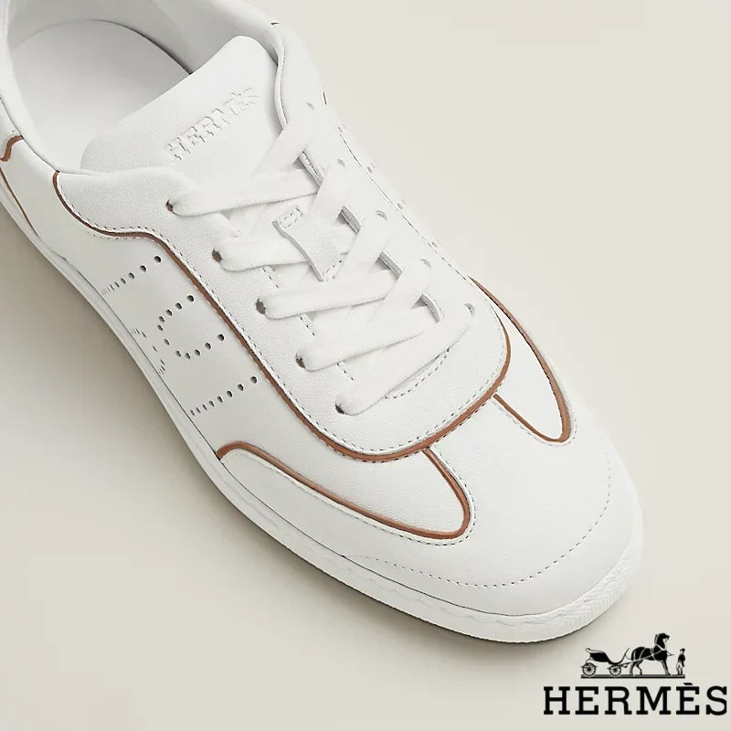 Herm¨¨s womens shoes men sneaker White Leather Perforated H Sneakers