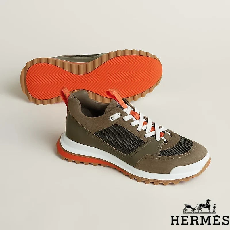 Herm¨¨s Khaki Mixed Fabric Hiking Sneakers