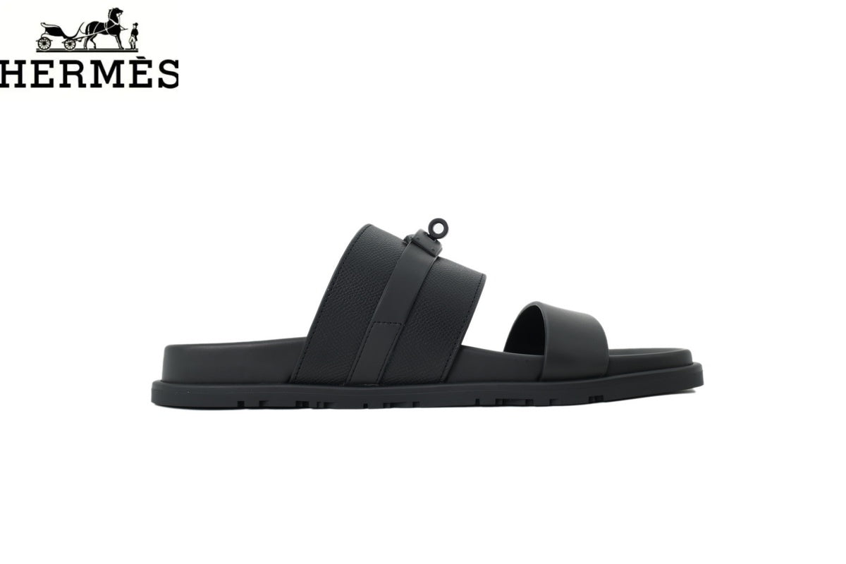 Herm¨¨s Black Leather Dual-Strap Slide Sandal