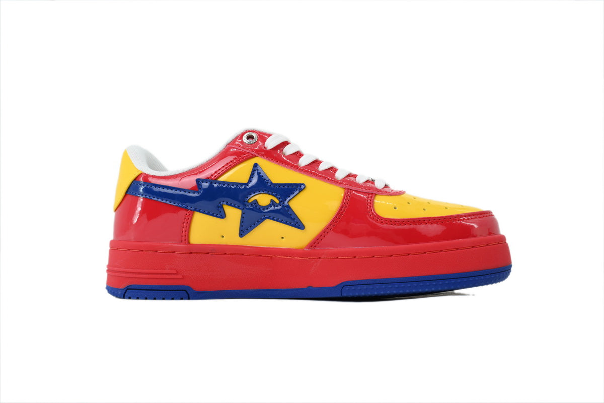 A BATHING APE BAPE STA Glossy Red, Yellow & Blue Eye-Graphic Sneakers | Women's & Men's Skate-Inspired Shoes