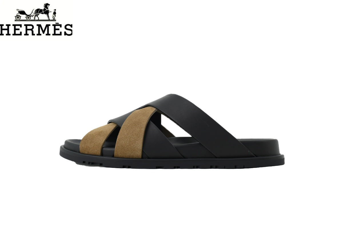 Herm¨¨s Black and Khaki Suede Cross-Strap Slide Sandal