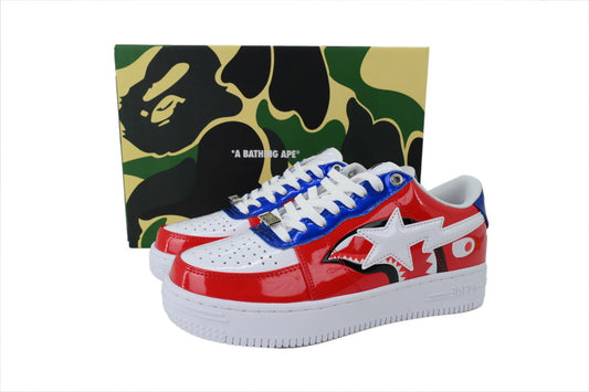 A BATHING APE BAPE STA Glossy Red, White & Blue Shark Sneakers | Women's & Men's Skate-Inspired Shoes