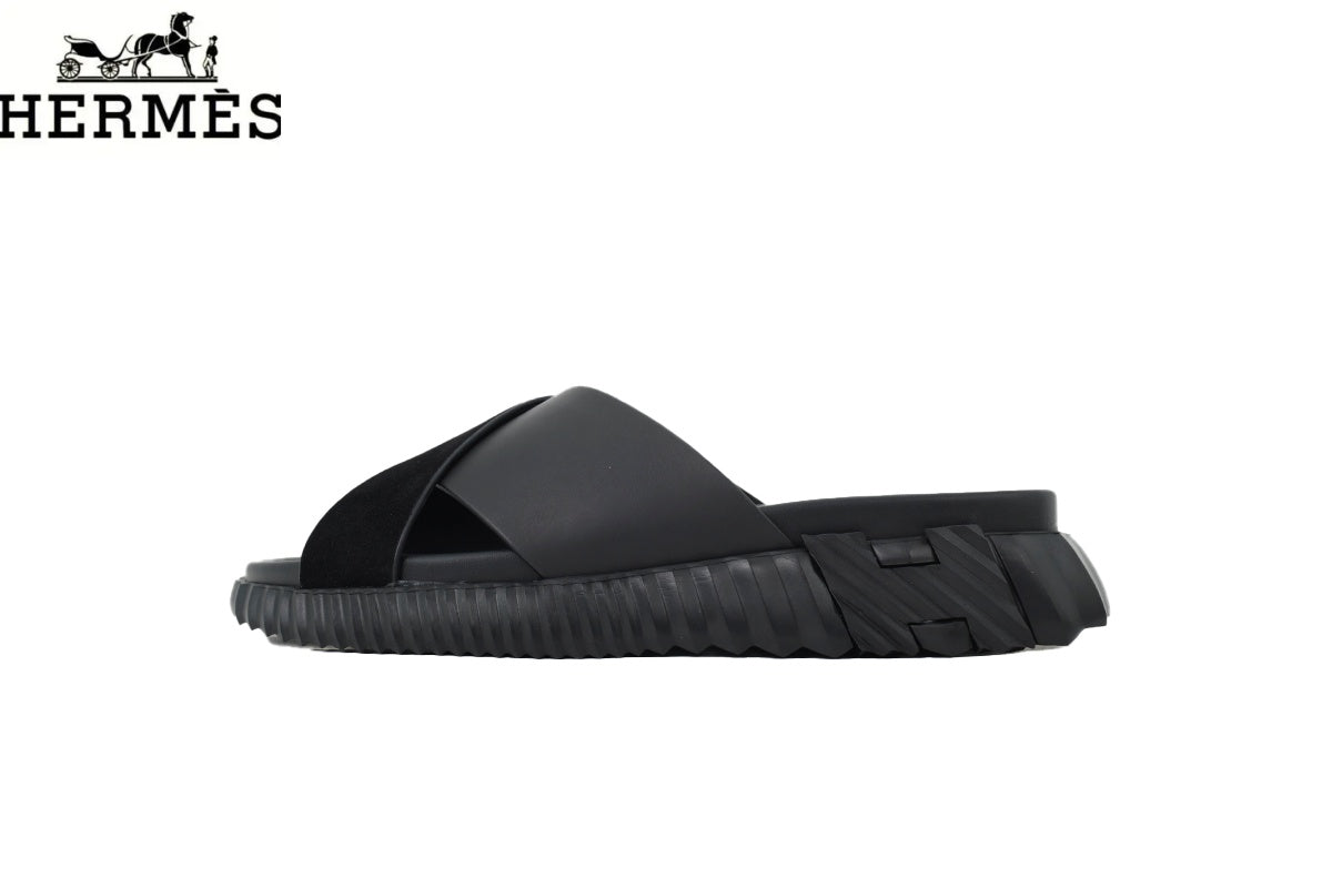 Herm¨¨s Black Leather and Suede Cross-Strap Platform Slide Sandal